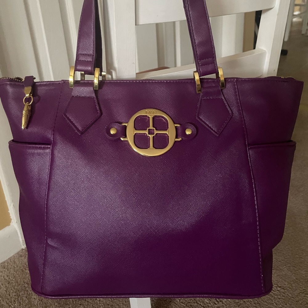 Iman Purple Leather Tote with Peacock Lining